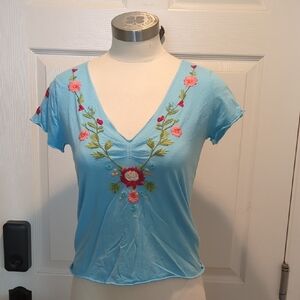 Embroidered Blue Floral V-Neck Top